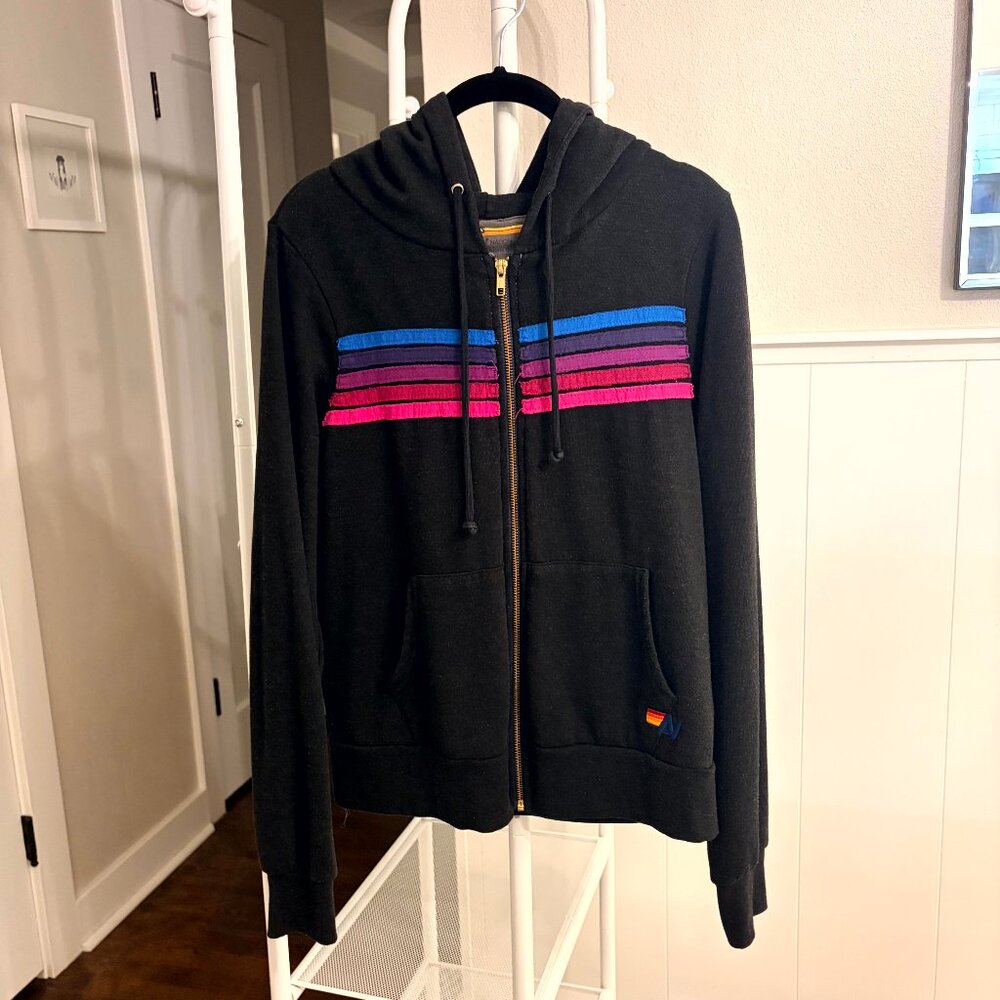 Aviator Nation Black Zip Hoodie with Blue and Pink Stripes